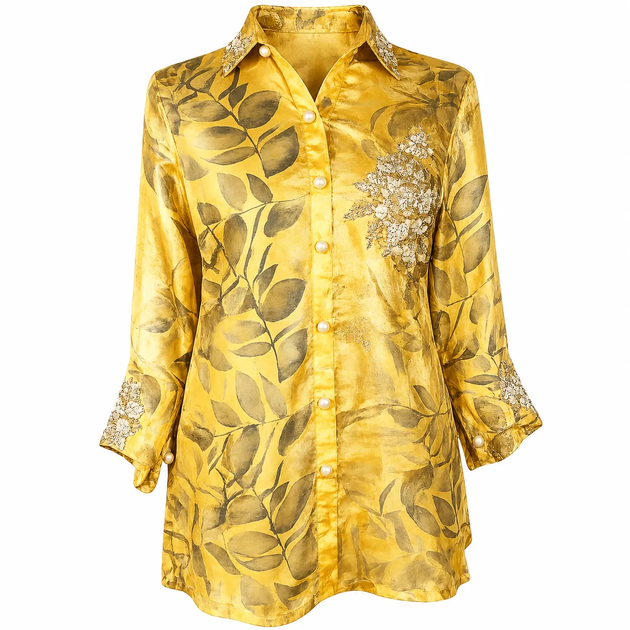 Mustard Yellow Leaf Printed Shirt with Embroidered Detail
